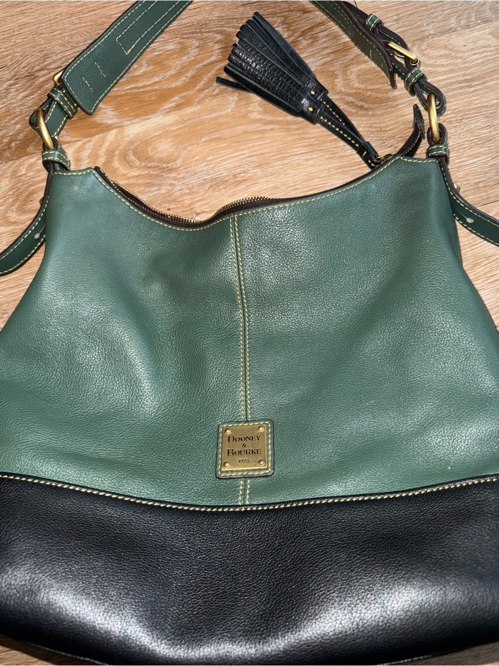 Dooney & Bourke Green and Black Leather Hobo Shoulder Bag with Tassel
